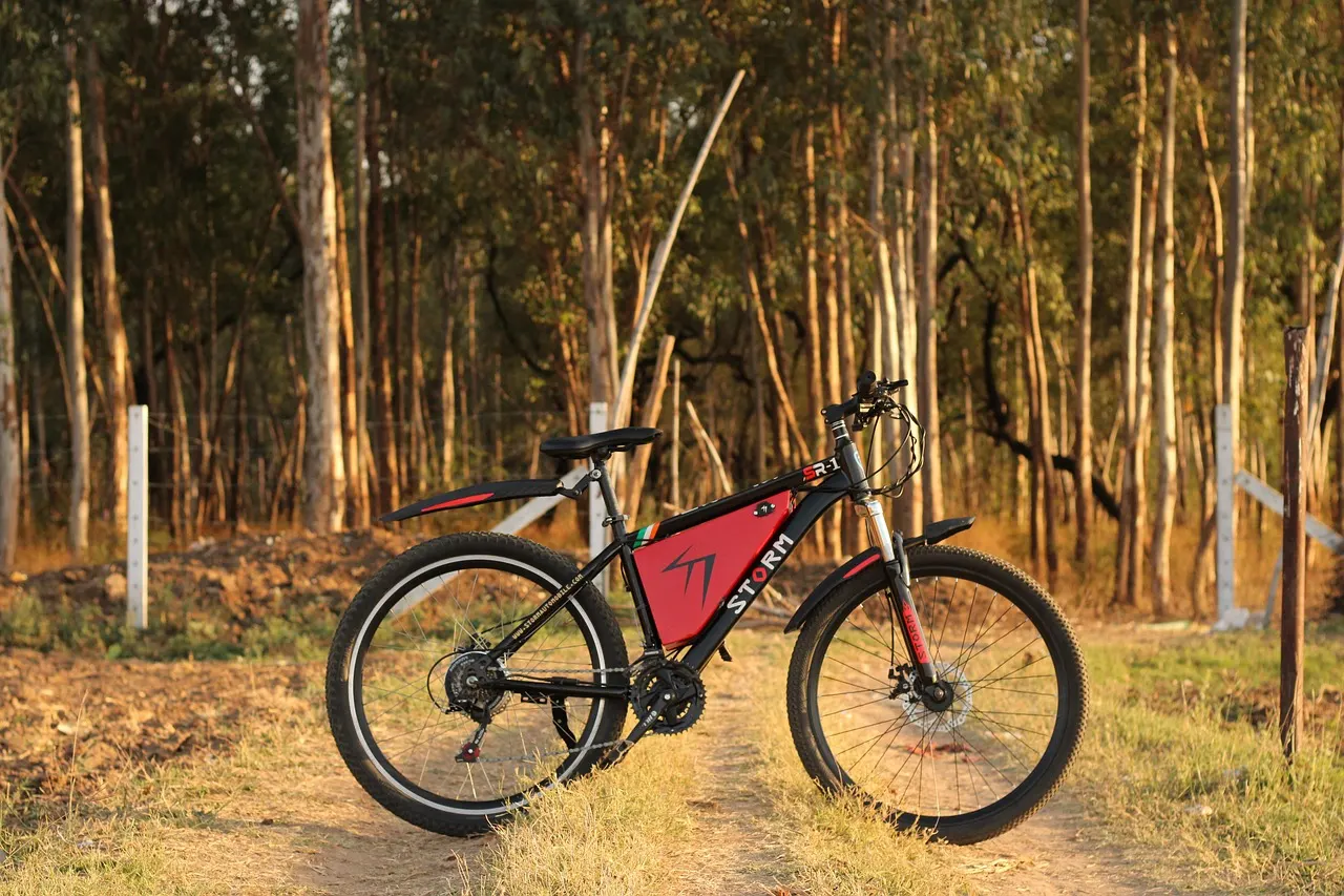 Vélo électrique à cadre noir et rouge sur un chemin forestier